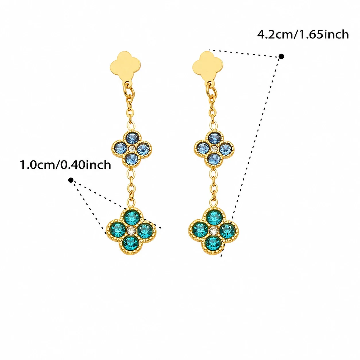 Radiant 18K Gold PVD Double Clover CZ Drop Earrings - Gold Blue CZ
