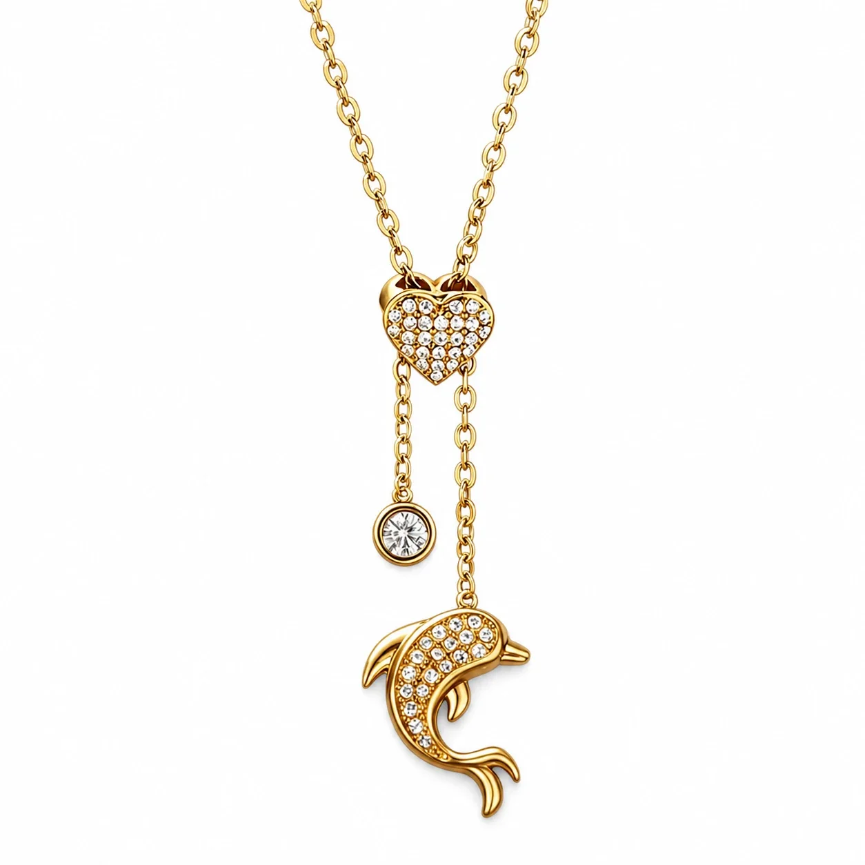 Gleaming Stainless Steel Heart Lariat Necklace