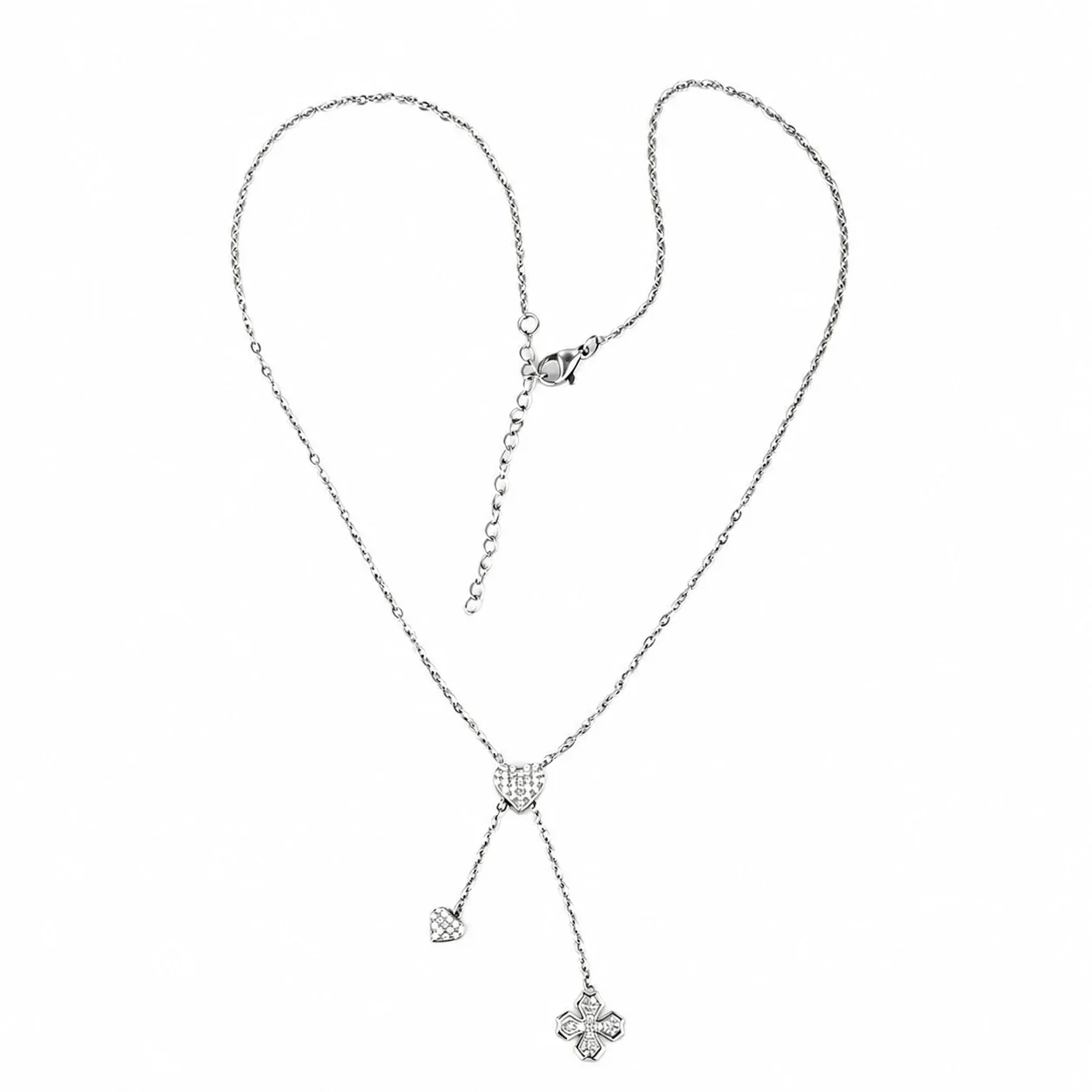 Gleaming Stainless Steel Heart Lariat Necklace