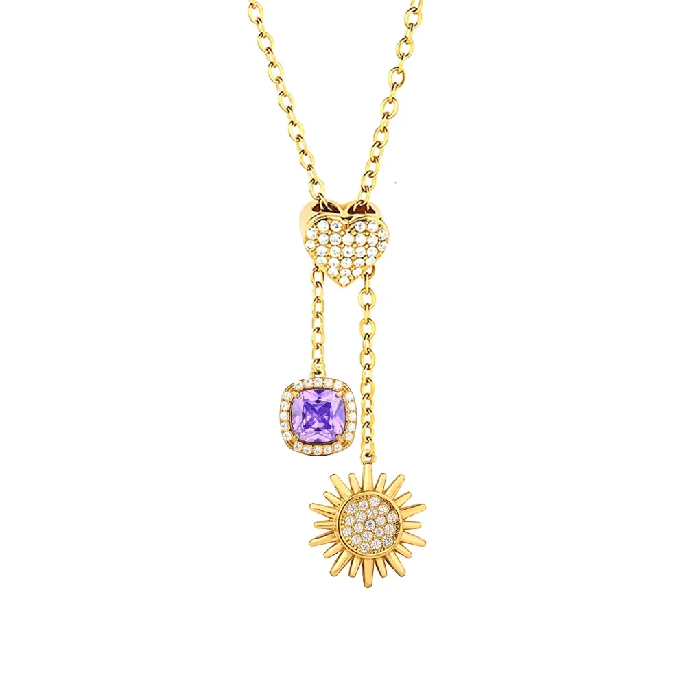 Gleaming Stainless Steel Heart Lariat Necklace - Silver Sun C