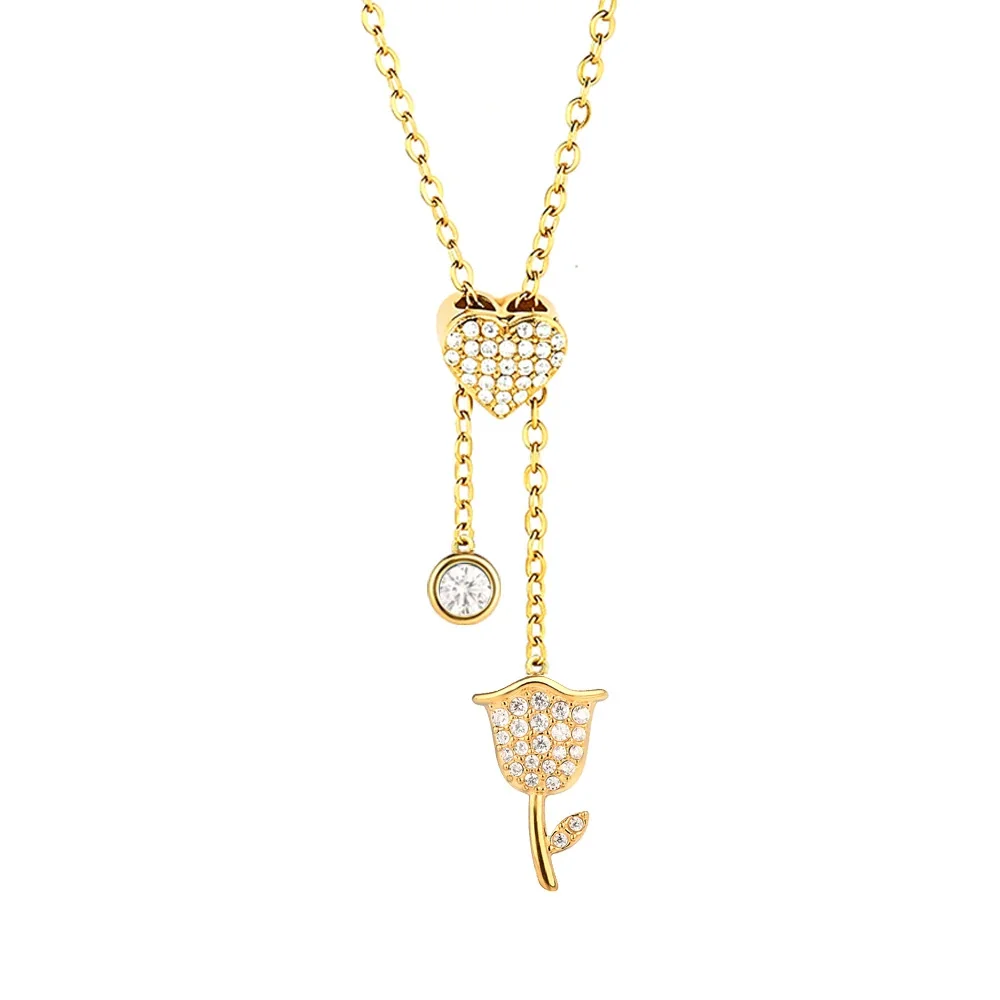Gleaming Stainless Steel Heart Lariat Necklace - Gold Tulip A