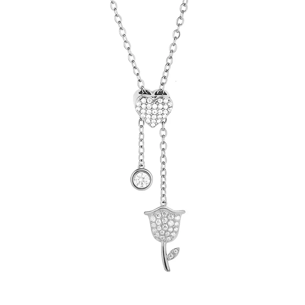Gleaming Stainless Steel Heart Lariat Necklace - Silver Tulip A