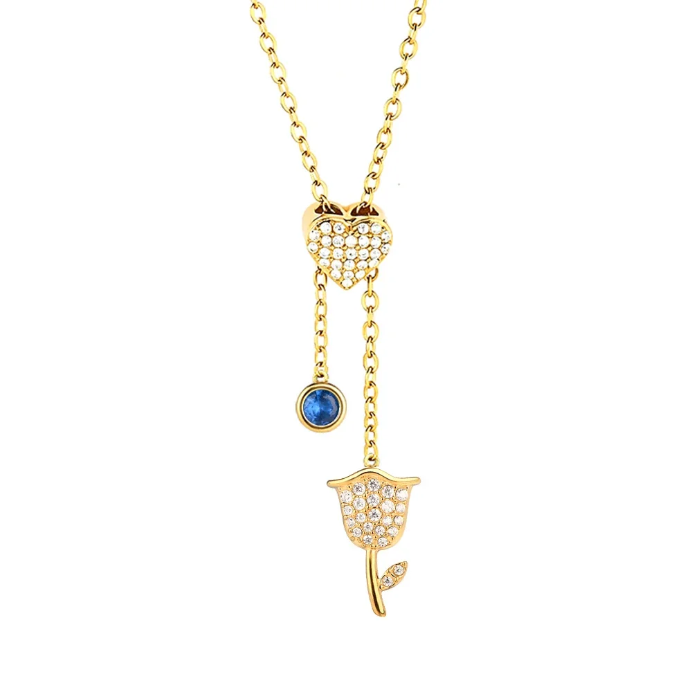 Gleaming Stainless Steel Heart Lariat Necklace - Gold Tulip B