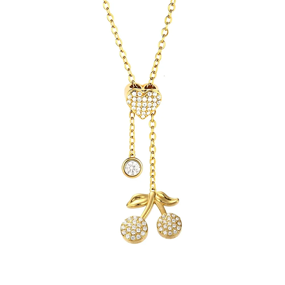 Gleaming Stainless Steel Heart Lariat Necklace - Gold Cherry D