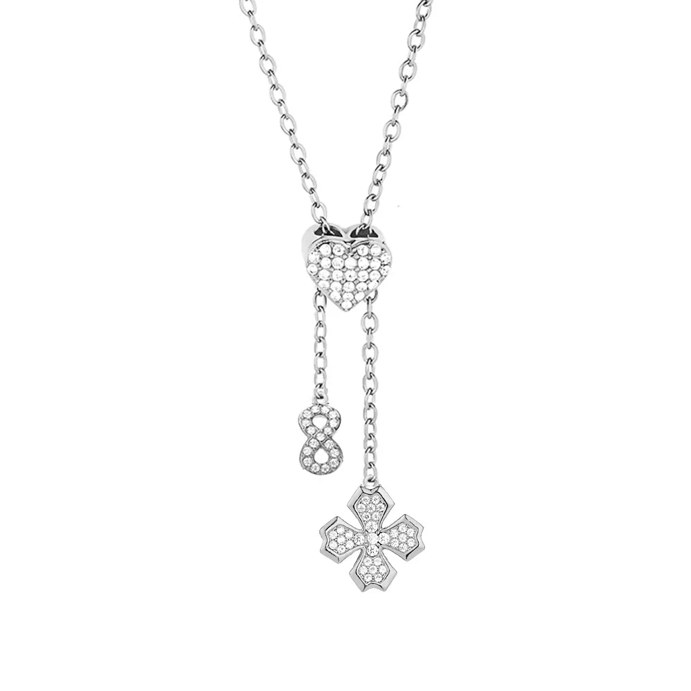 Gleaming Stainless Steel Heart Lariat Necklace - Silver Flower