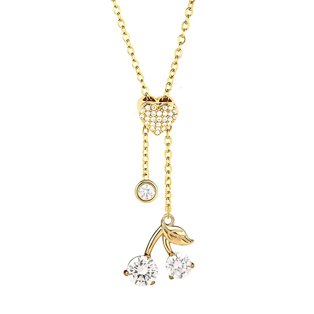 Gleaming Stainless Steel Heart Lariat Necklace - Gold Cherry C