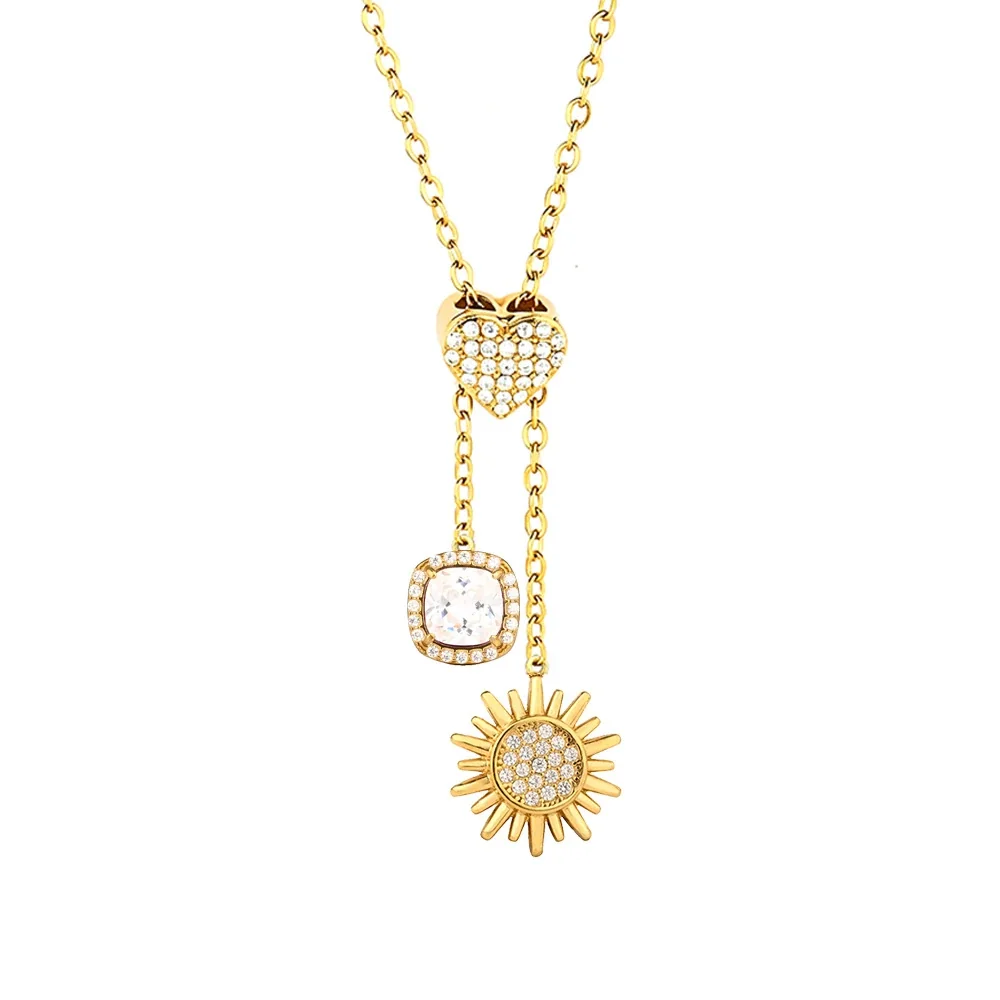 Gleaming Stainless Steel Heart Lariat Necklace - Silver Sun A