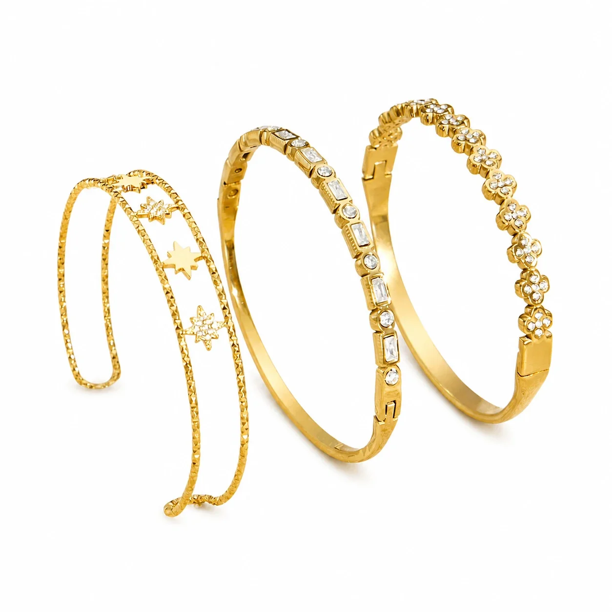 Radiant CZ Flower & Baguette 316L Stainless Steel Gold PVD Bangle