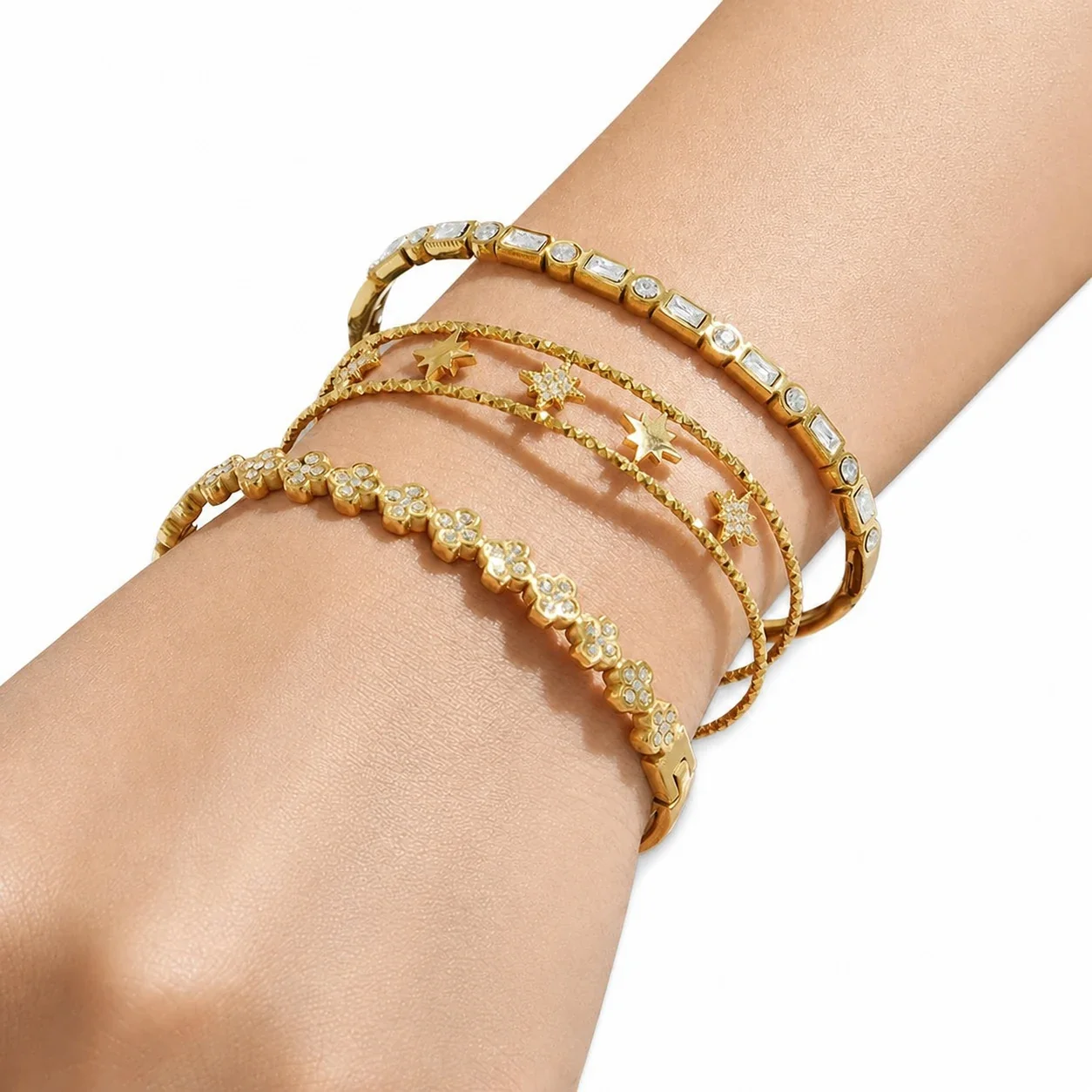 Radiant CZ Flower & Baguette 316L Gold-Plated Bangle