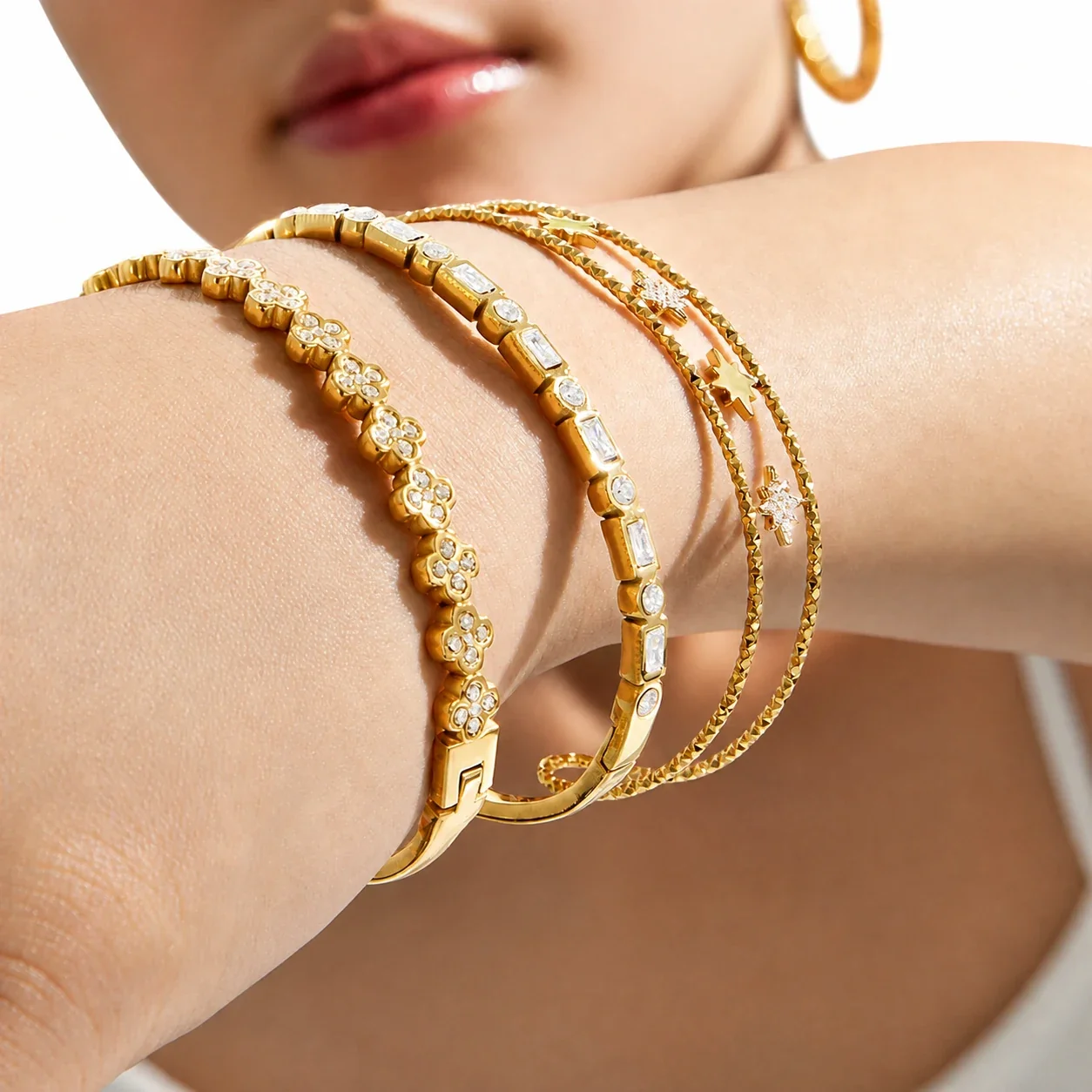 Radiant CZ Flower & Baguette 316L Gold-Plated Bangle