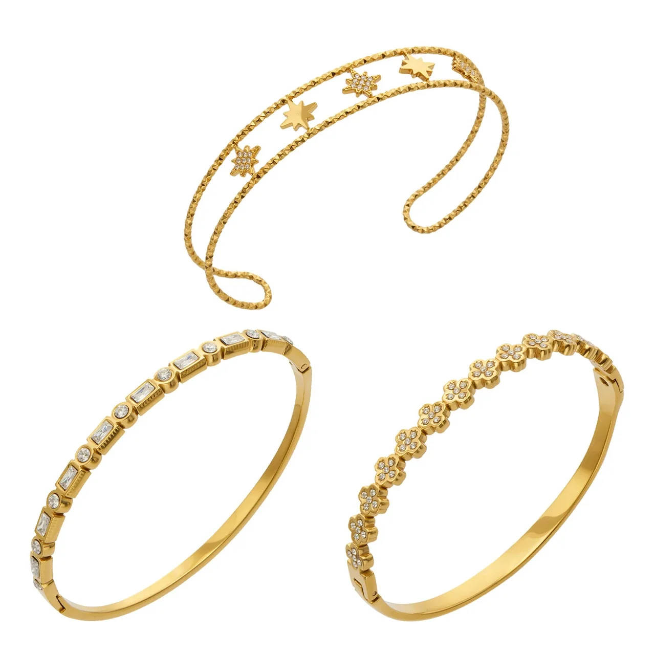 Radiant CZ Flower & Baguette 316L Gold-Plated Bangle