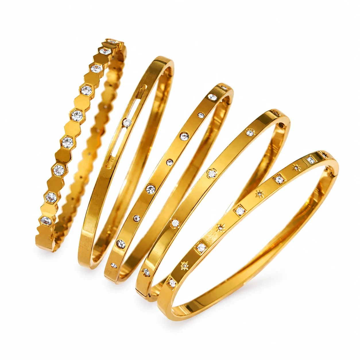 Bangle Bracelets with Flush-Set CZ and Geometric Links