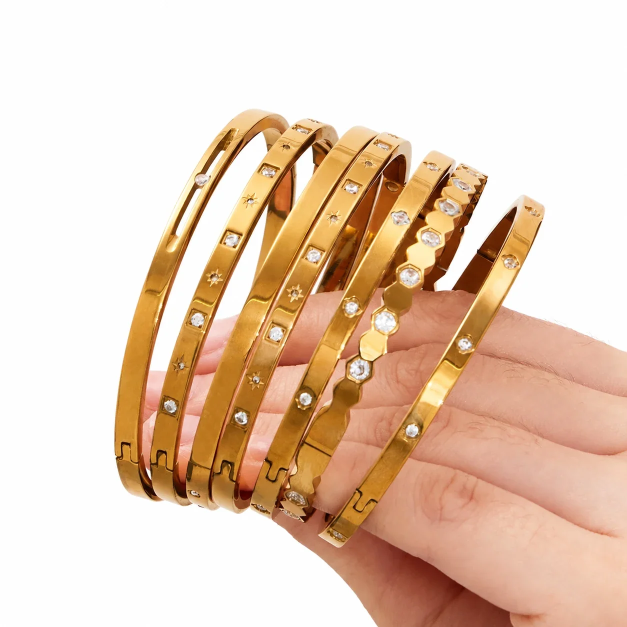 Bangle Bracelets with Flush-Set CZ and Geometric Links