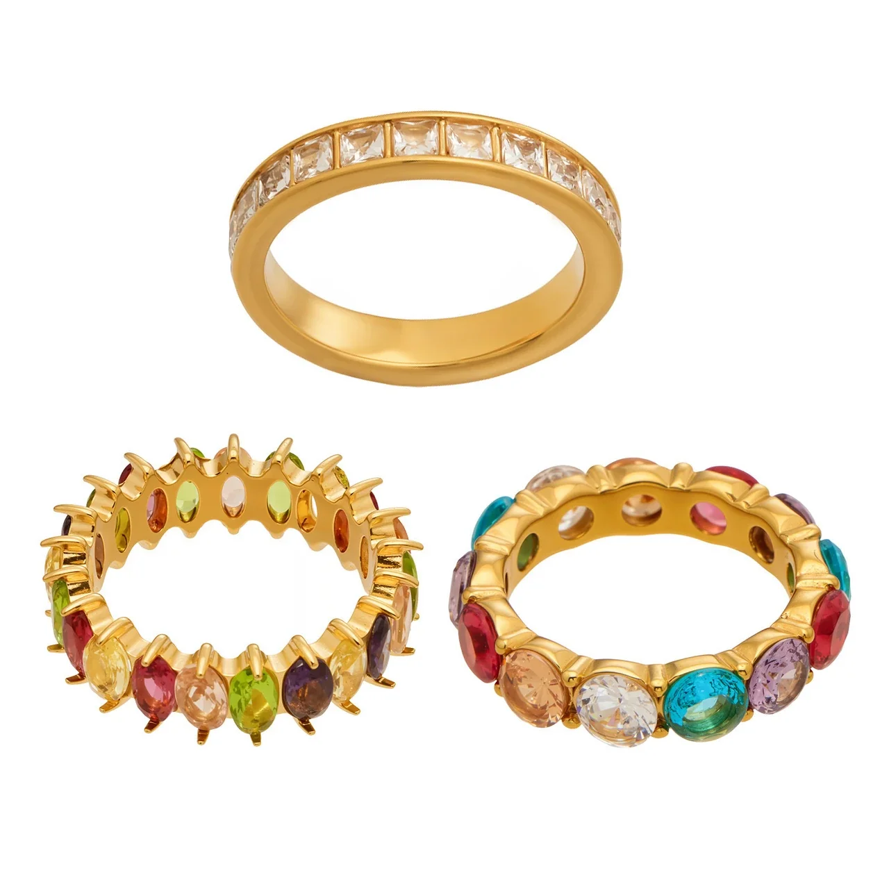 Vivid 18K Gold-Plated CZ Channel & Prong-Set Rings