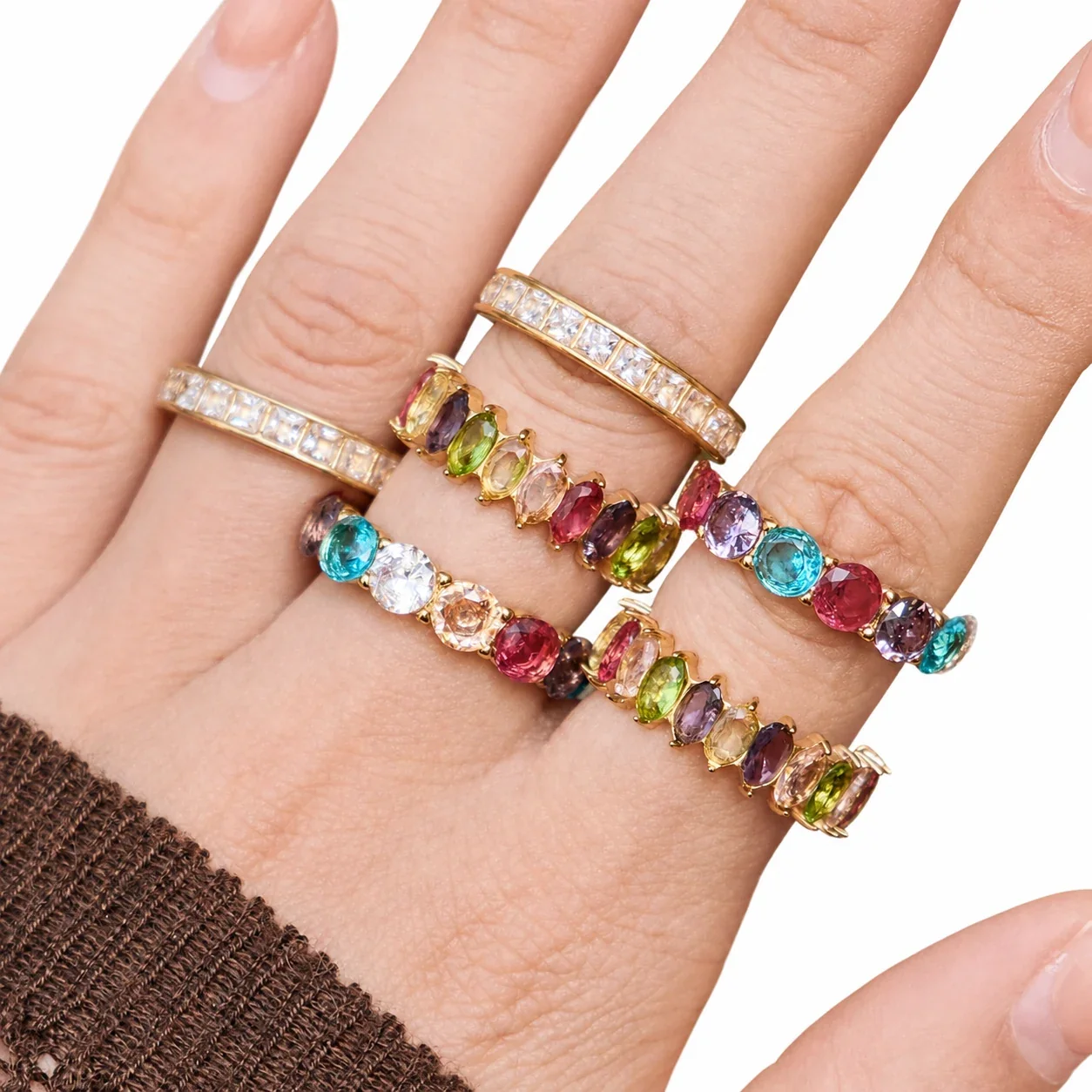 Vivid 18K Gold-Plated CZ Channel & Prong-Set Rings