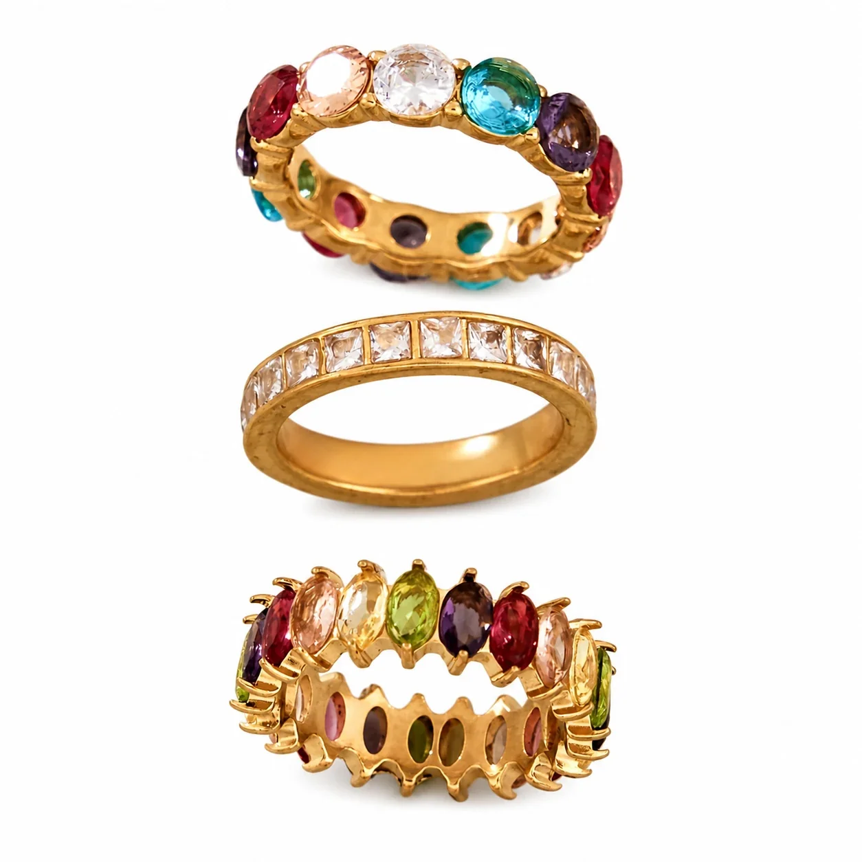 Vivid 18K Gold-Plated CZ Channel & Prong-Set Rings