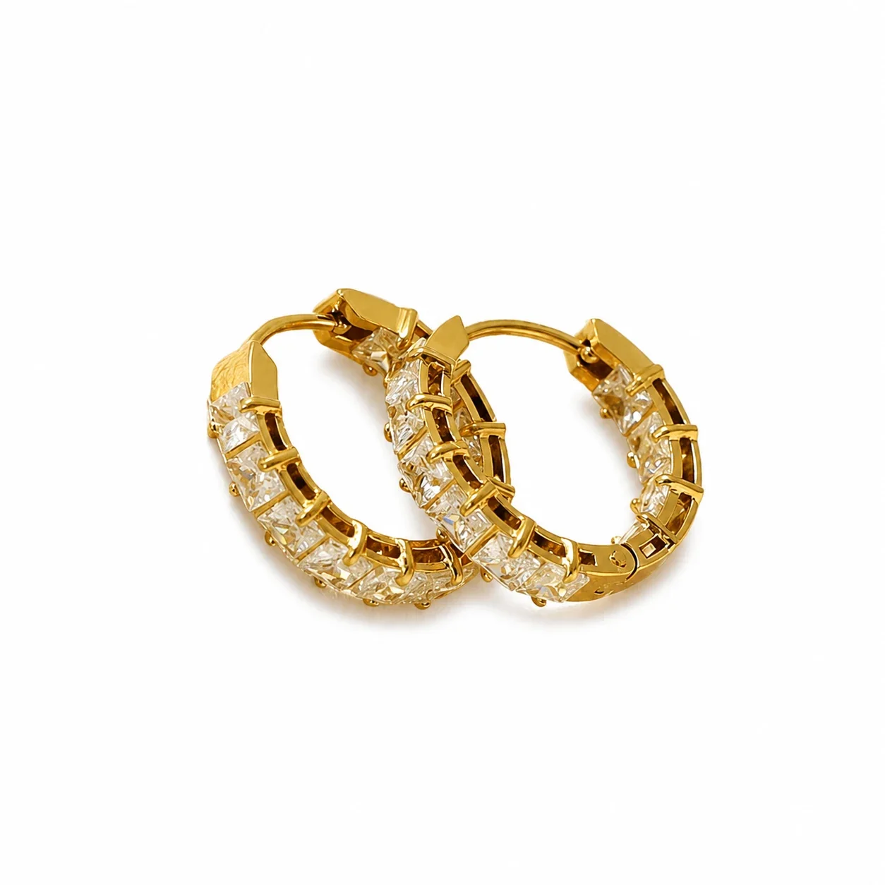 Radiant Gold-Plated 316 Stainless Steel Princess CZ Hoop Earrings