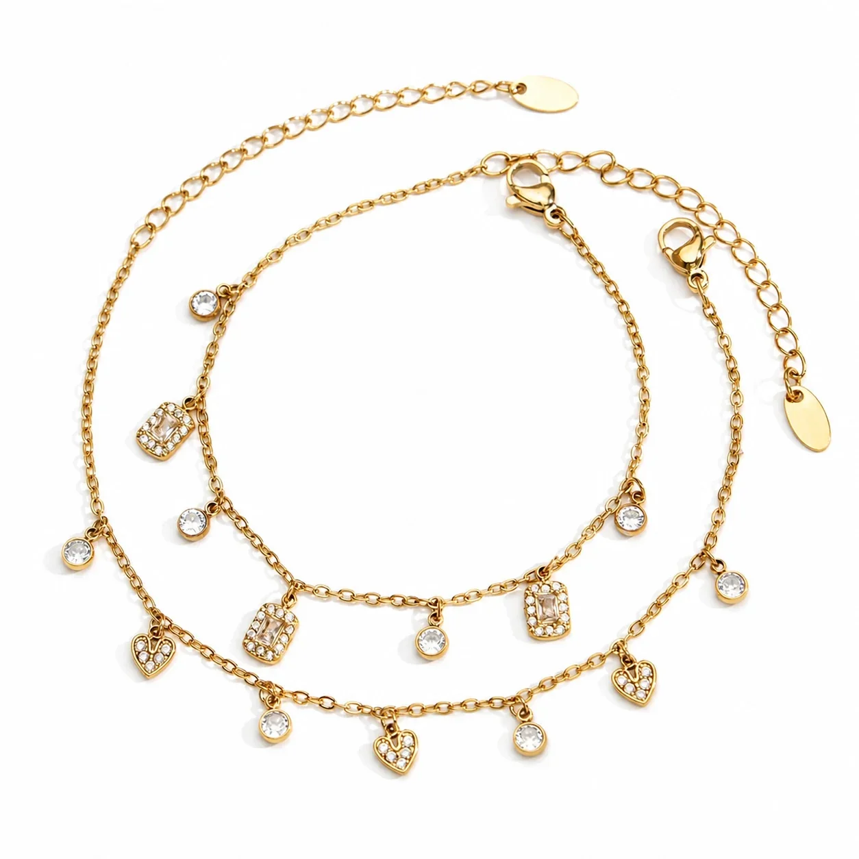 Delicate 18K Gold PVD Square CZ Heart 316L Stainless Steel Jewelry Set