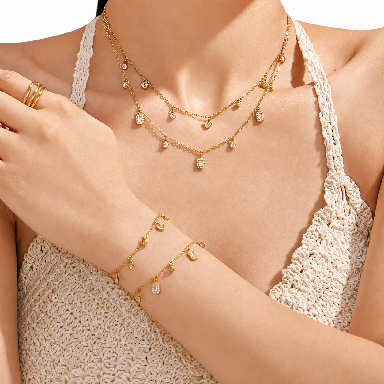 Delicate 18K Gold-Plated Square CZ Heart Jewelry Set