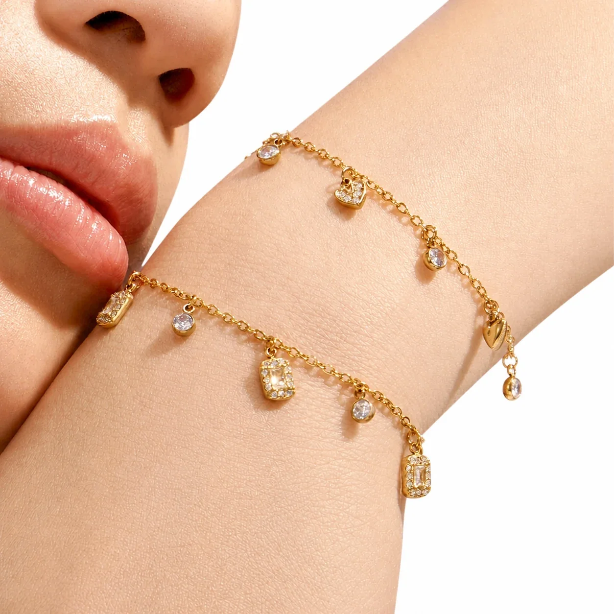 Delicate 18K Gold-Plated Square CZ Heart Jewelry Set
