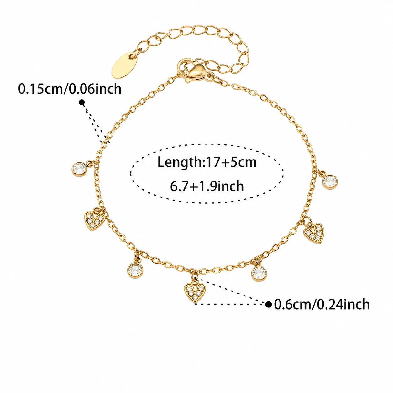 Delicate 18K Gold-Plated Square CZ Heart Jewelry Set - Gold Heart CZ 17+5 cm