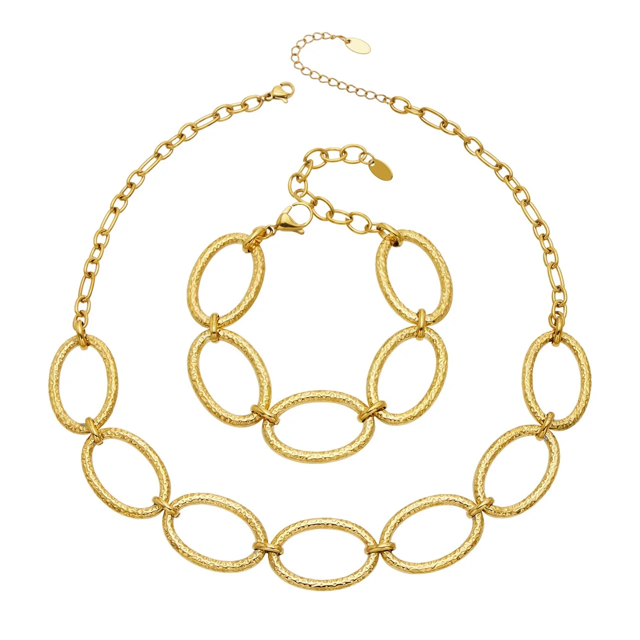 Sculptural Gold PVD 316L Stainless Steel Hammered Oval Link Jewelry Set