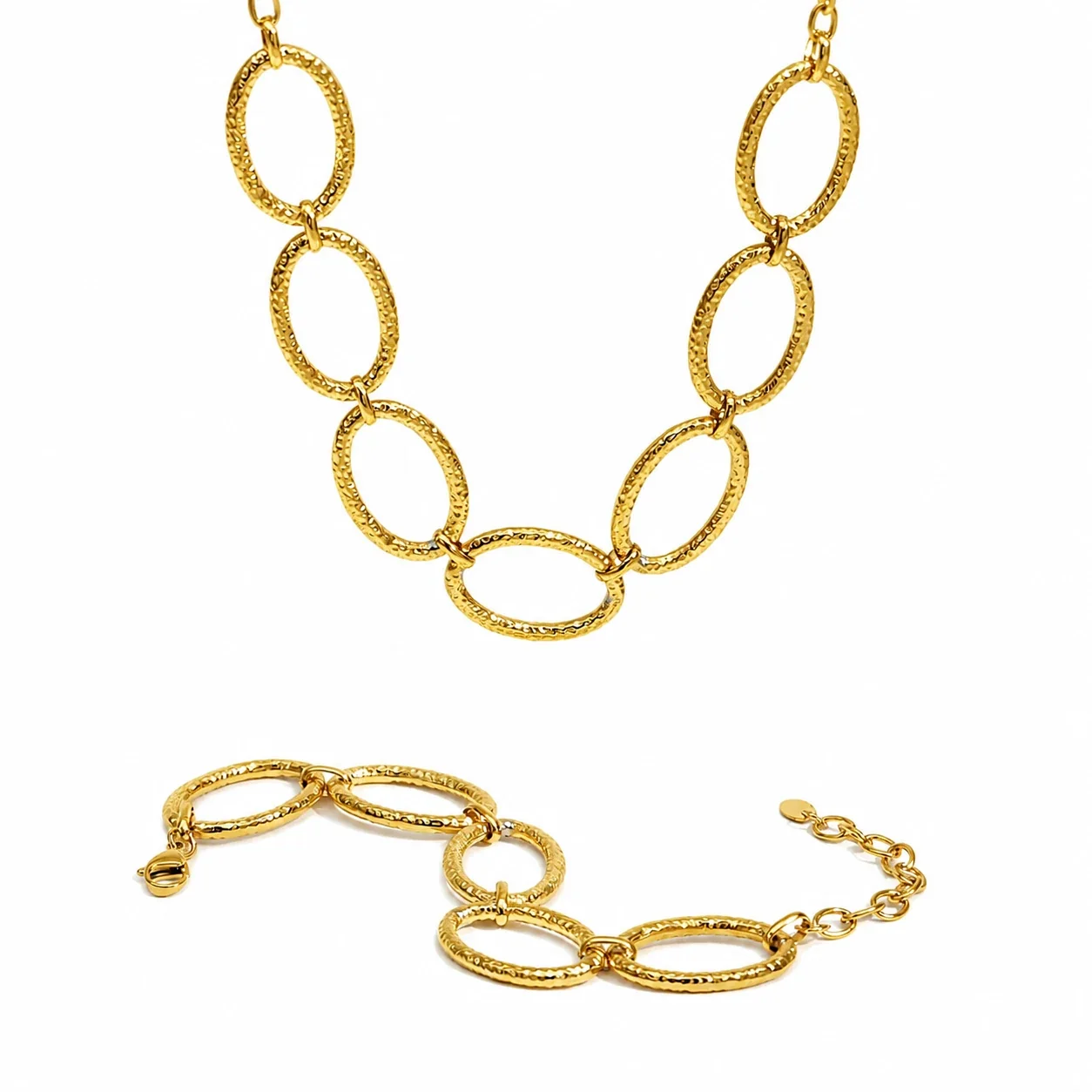 Sculptural Gold-Plated 316L Hammered Oval Link Jewelry Set