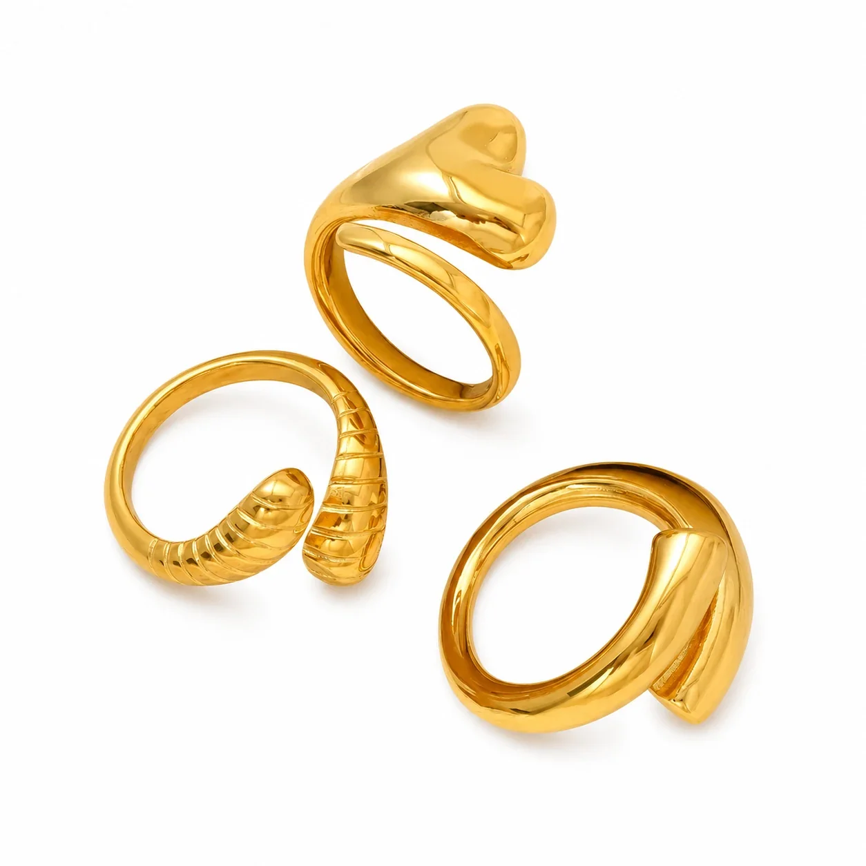 Sculptural Gold-Plated Ribbed Open-Front Ring