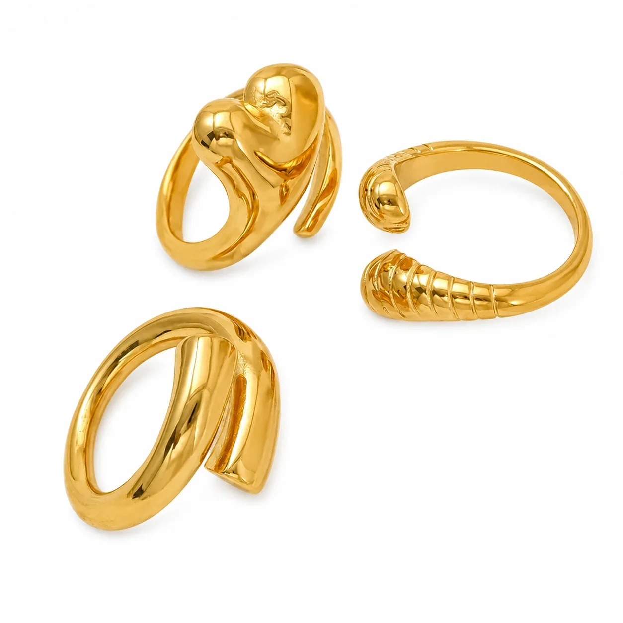 Sculptural Gold-Plated Ribbed Open-Front Ring
