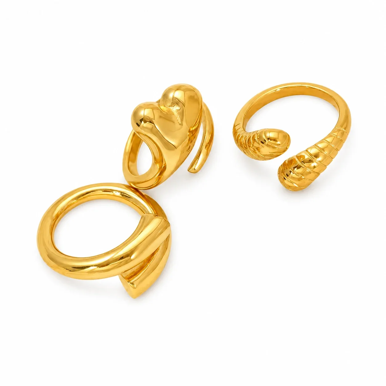 Sculptural Gold-Plated Ribbed Open-Front Ring