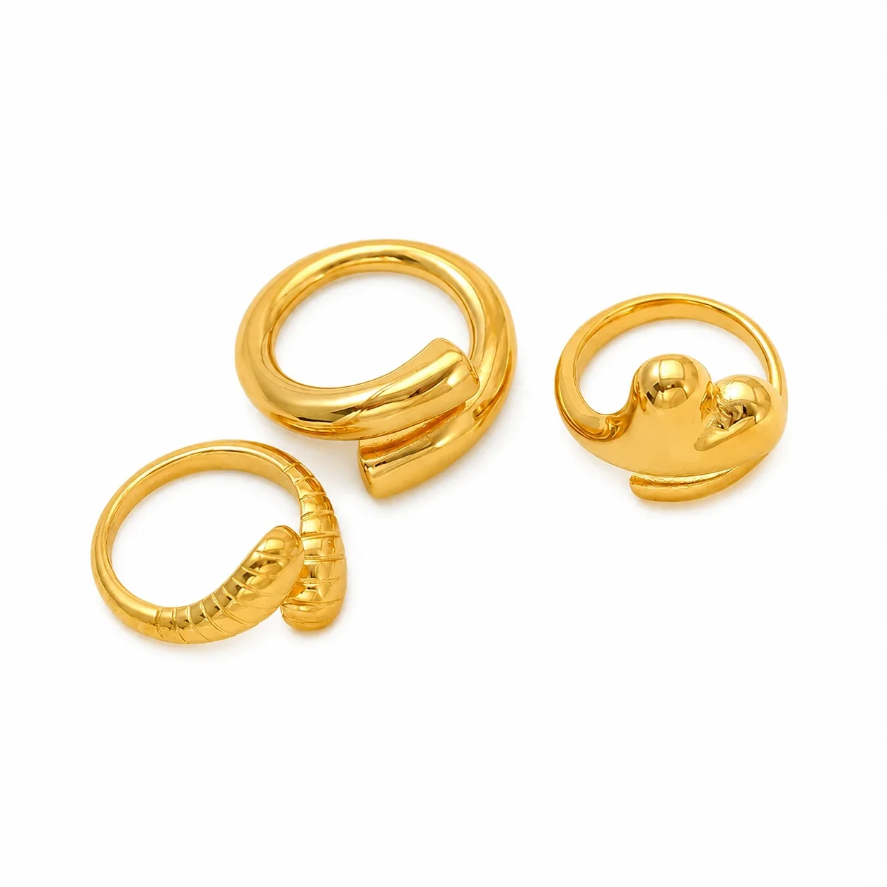 Sculptural Gold-Plated Ribbed Open-Front Ring