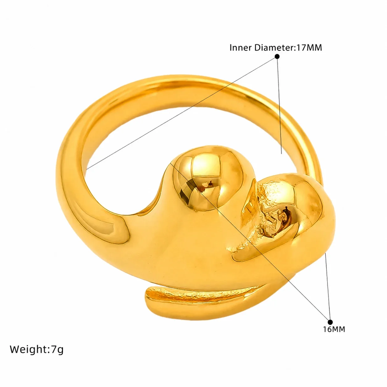 Sculptural Gold-Plated Ribbed Open-Front Ring - Gold Heart Open