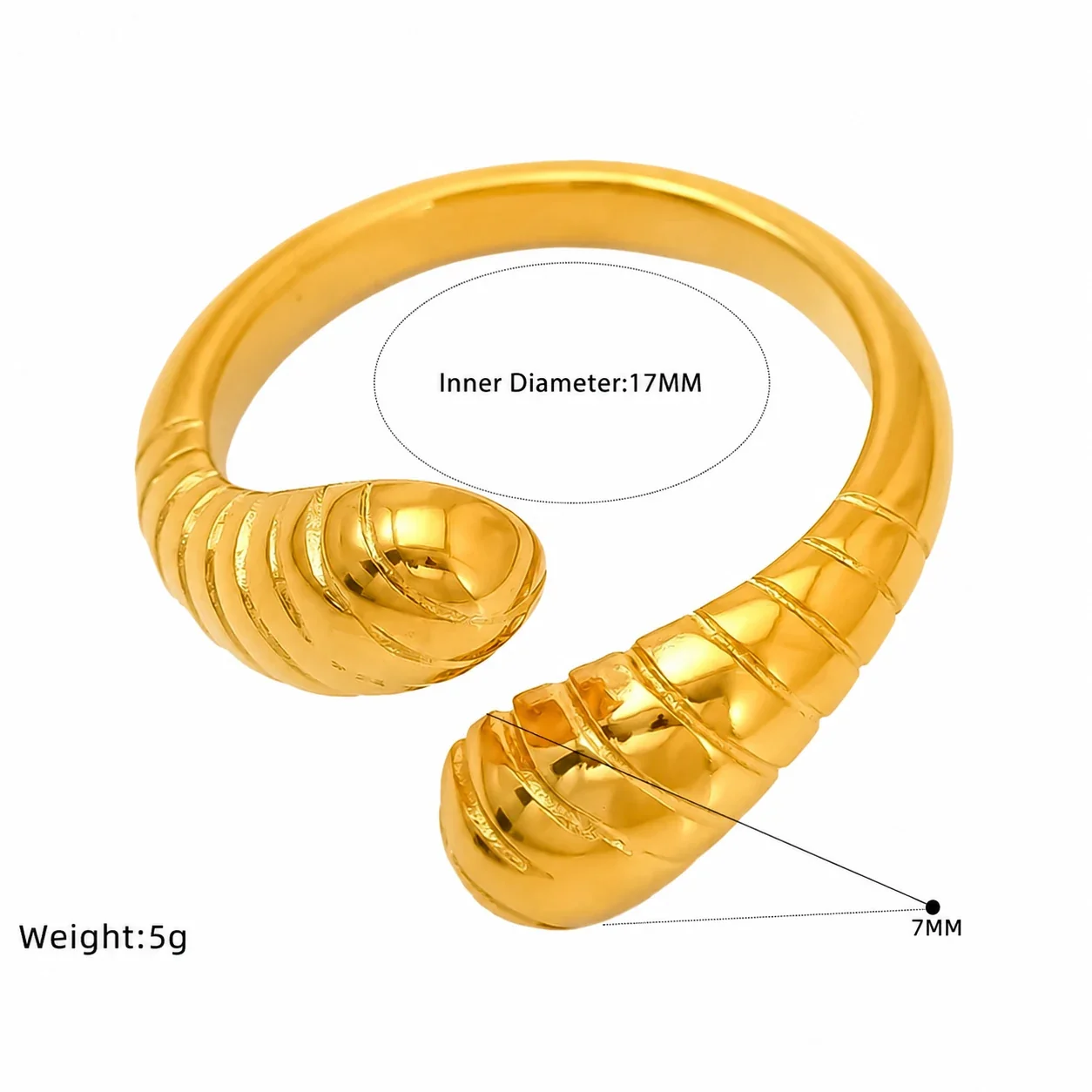Sculptural Gold-Plated Ribbed Open-Front Ring - Gold Folded Open