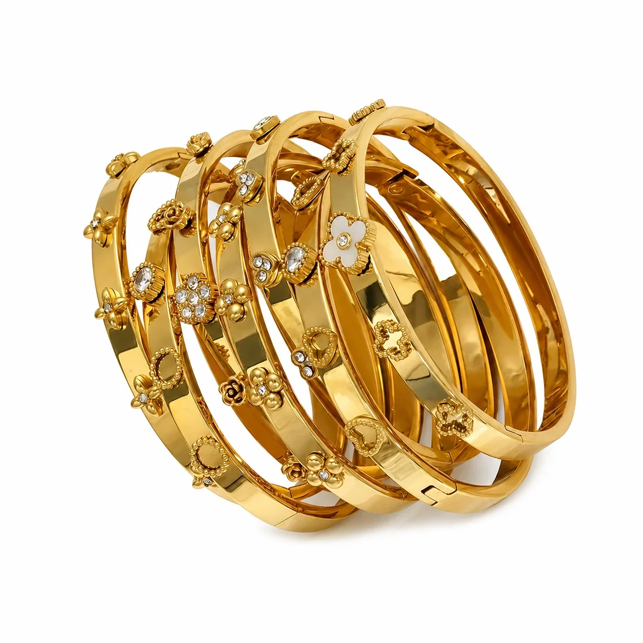Polished Gold-Plated Clover Charm Bangle Bracelet