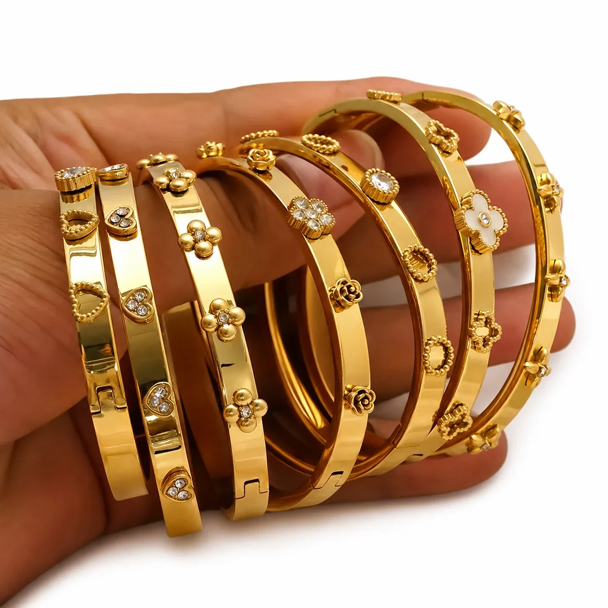 Polished Gold-Plated Clover Charm Bangle Bracelet
