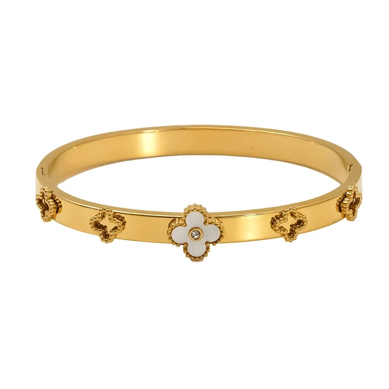 Polished Gold-Plated Clover Charm Bangle Bracelet
