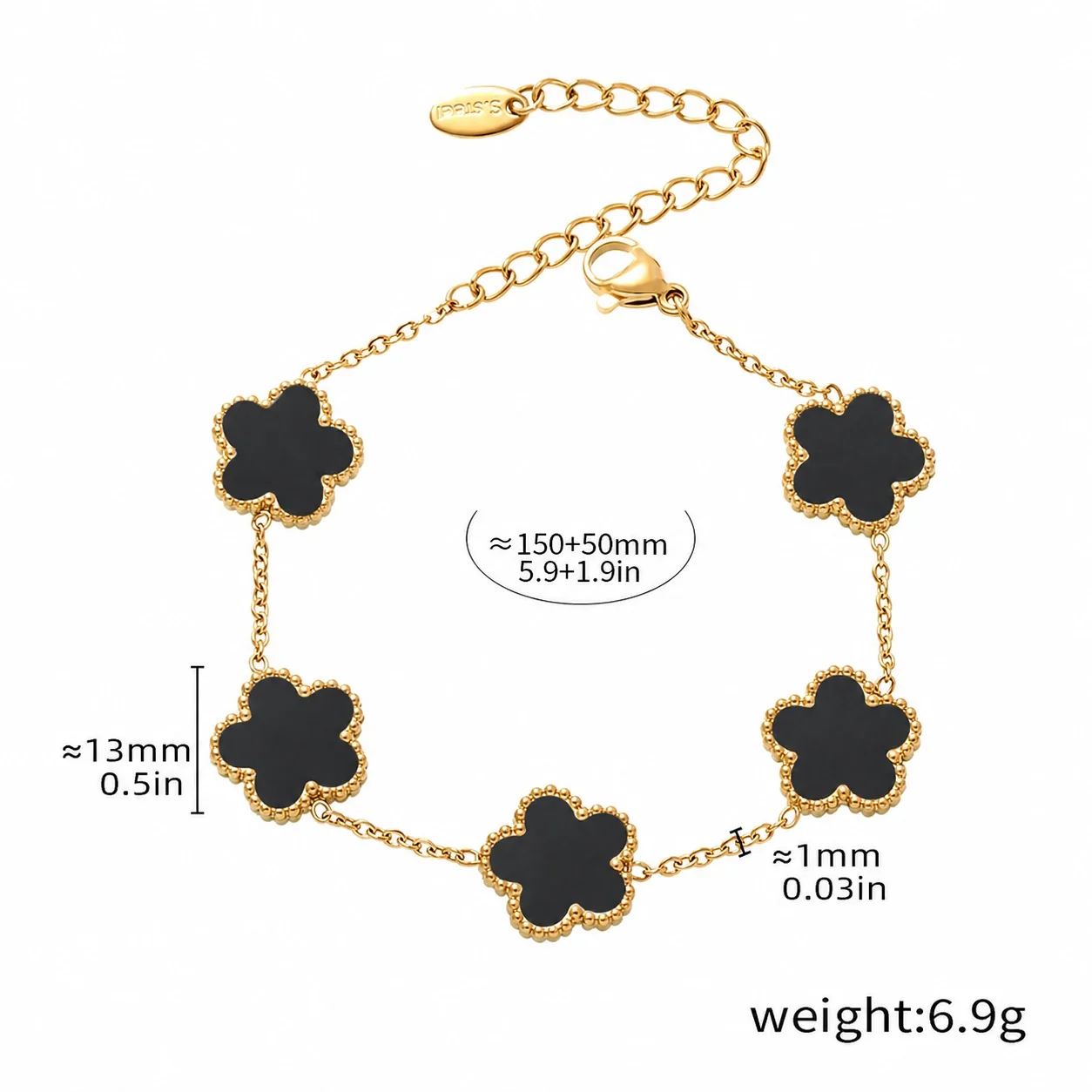 Elegant Gold-Plated Five Clover Station Chain Bracelet - Gold Black Agate