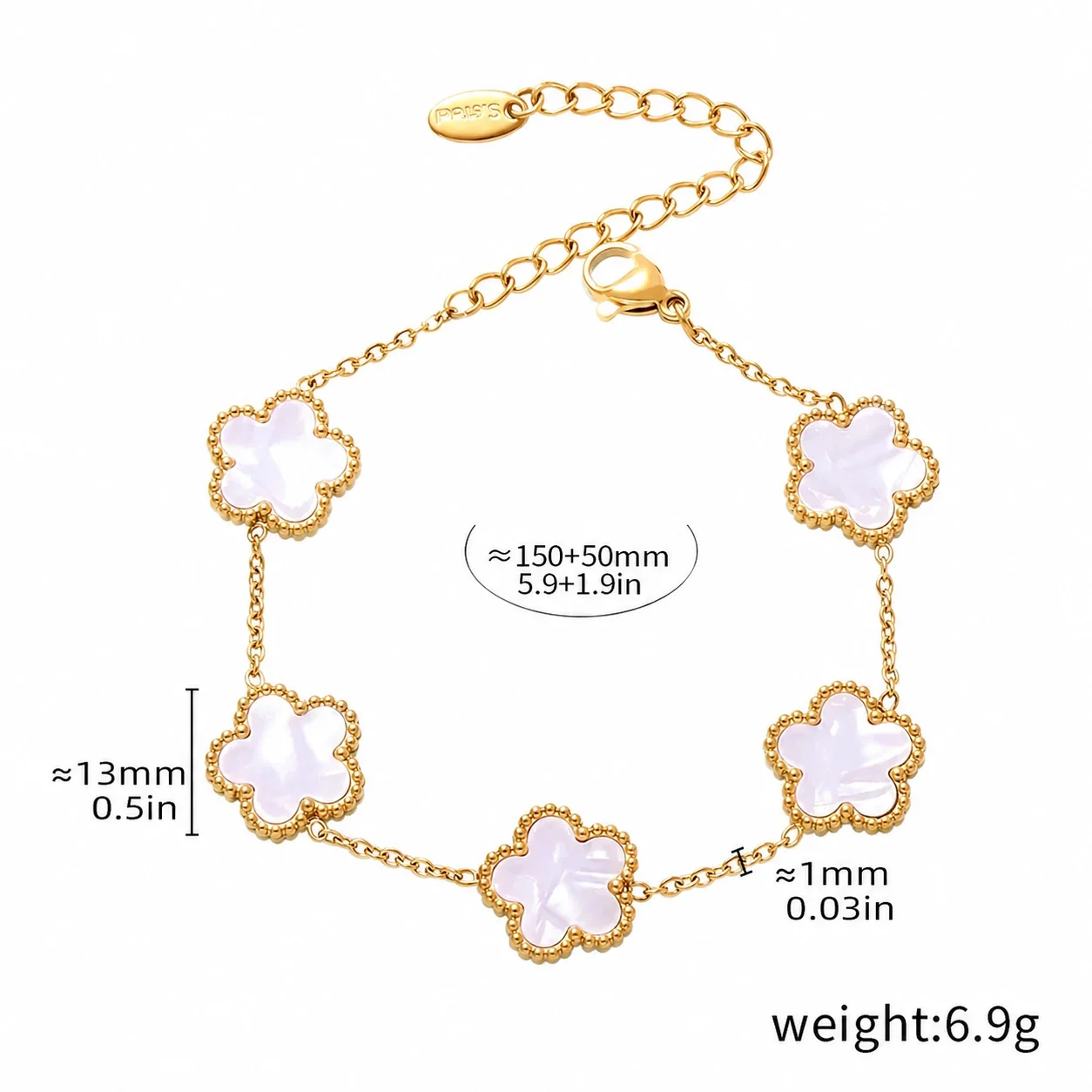 Elegant Gold-Plated Five Clover Station Chain Bracelet - Gold White Shell