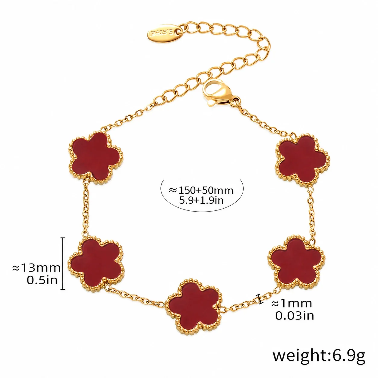 Elegant Gold-Plated Five Clover Station Chain Bracelet - Gold Red Agate