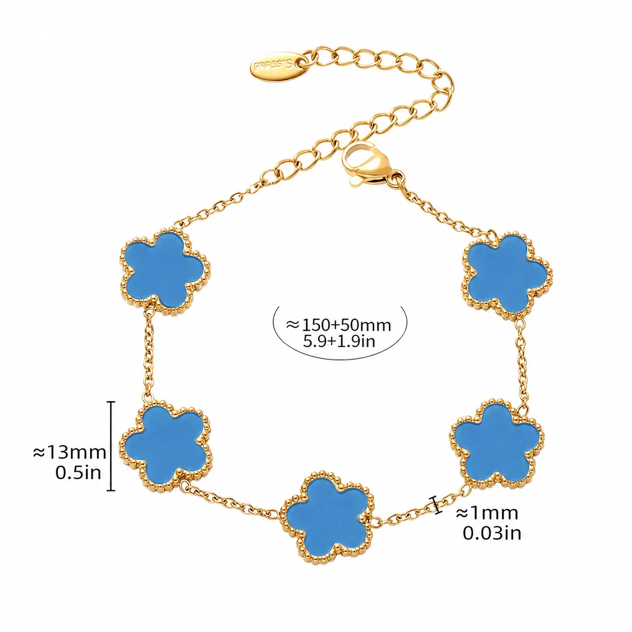 Elegant Gold-Plated Five Clover Station Chain Bracelet - Gold Blue Agate