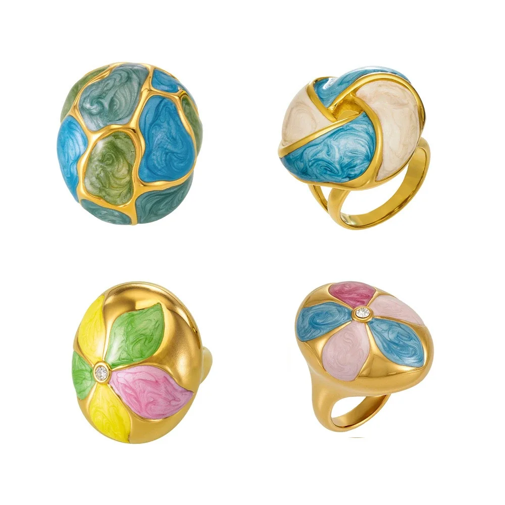 Statement Ring with Marbled Enamel Panels, Gold-Plated Steel