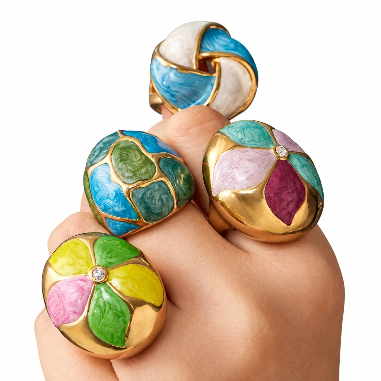 Statement Ring with Marbled Enamel Panels, Gold-Plated Steel