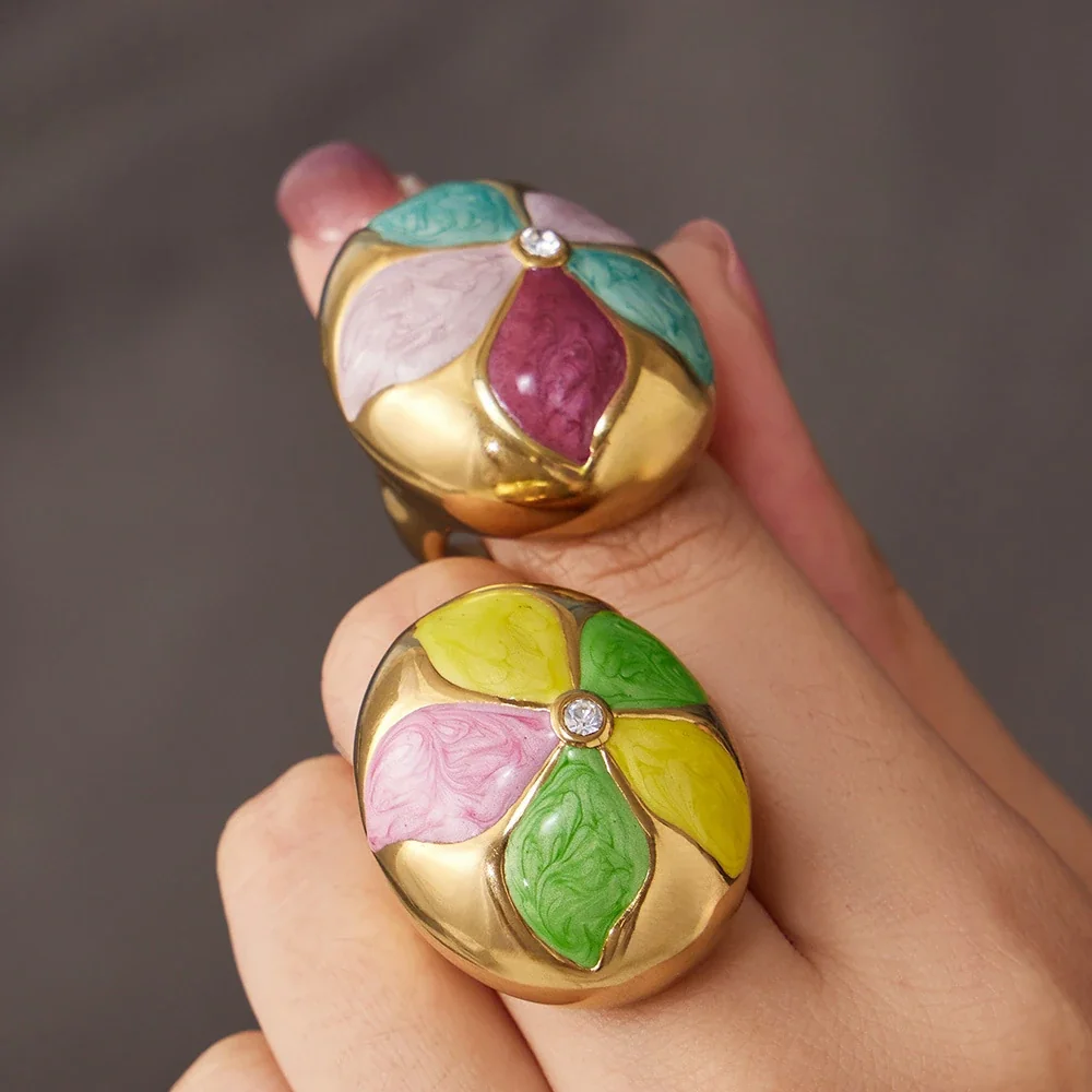 Statement Ring with Marbled Enamel Panels, Gold-Plated Steel