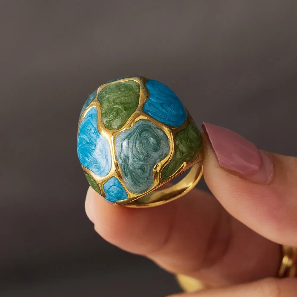 Statement Ring with Marbled Enamel Panels, Gold-Plated Steel
