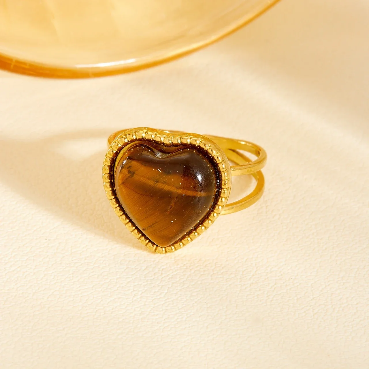 Jewelry Set with Tiger-Eye Heart Cabochons & Gold-Plated Steel
