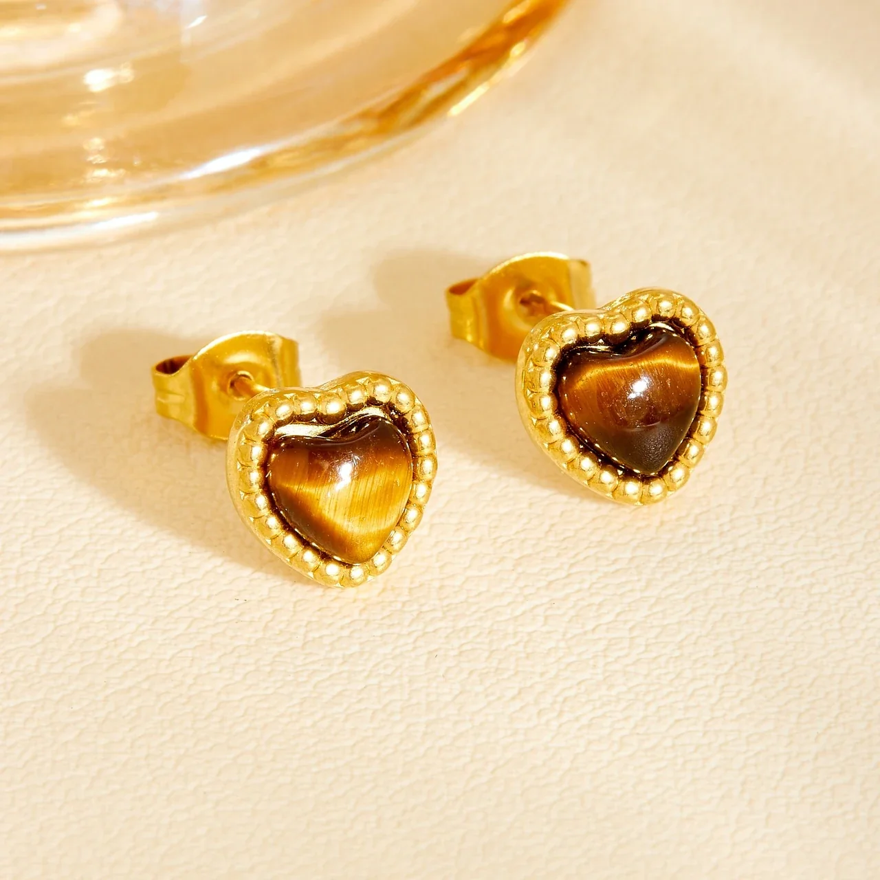 Jewelry Set with Tiger-Eye Heart Cabochons & Gold-Plated Steel