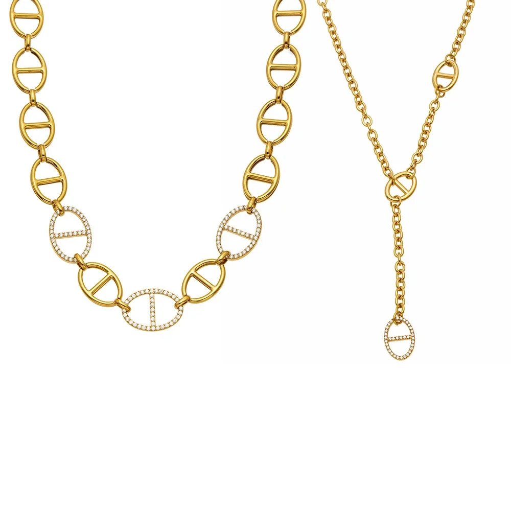 Linked Oval 18K Gold PVD 316L Stainless Steel Crystal Y Necklace