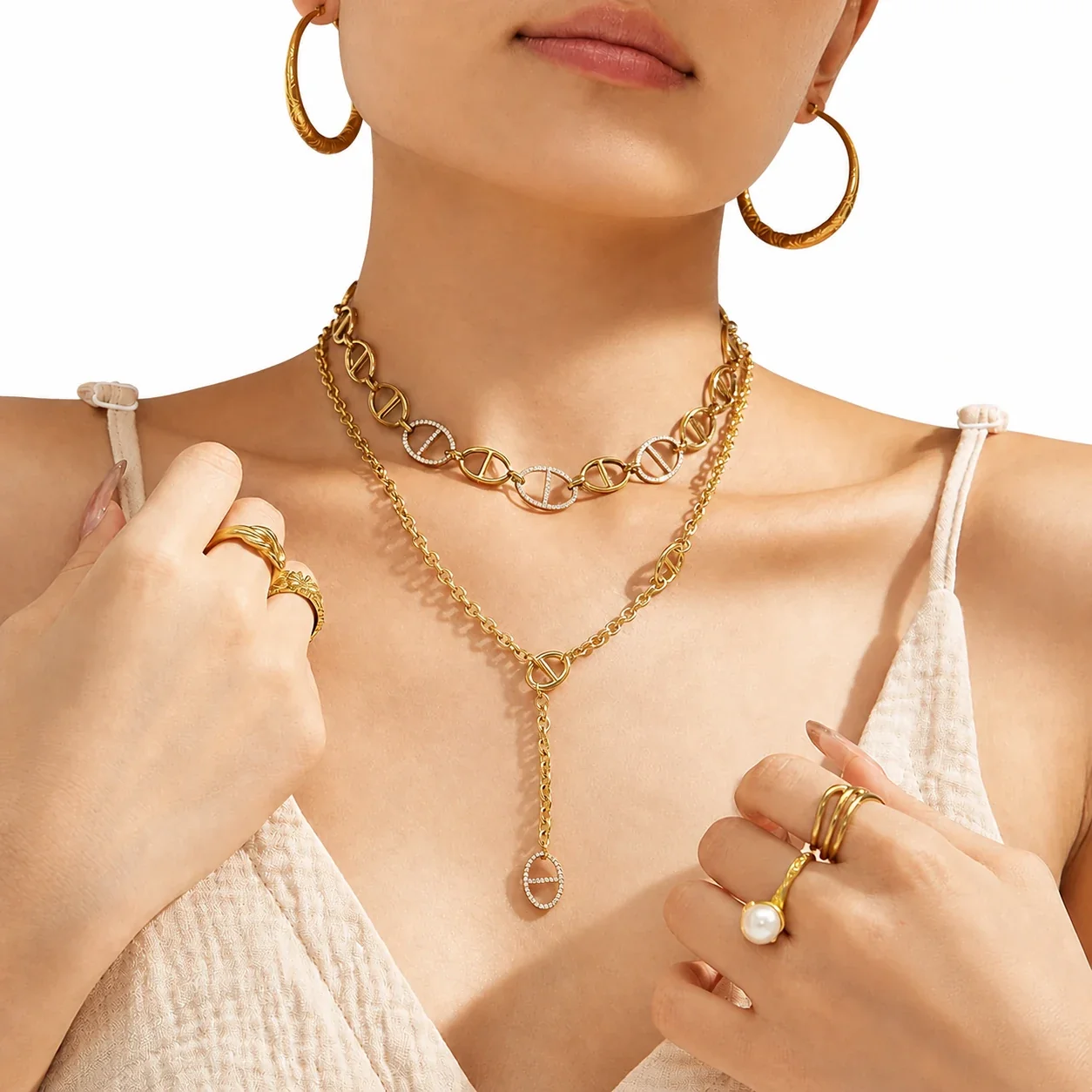 Linked Oval 18K Gold-Plated 316L Crystal Y Necklace