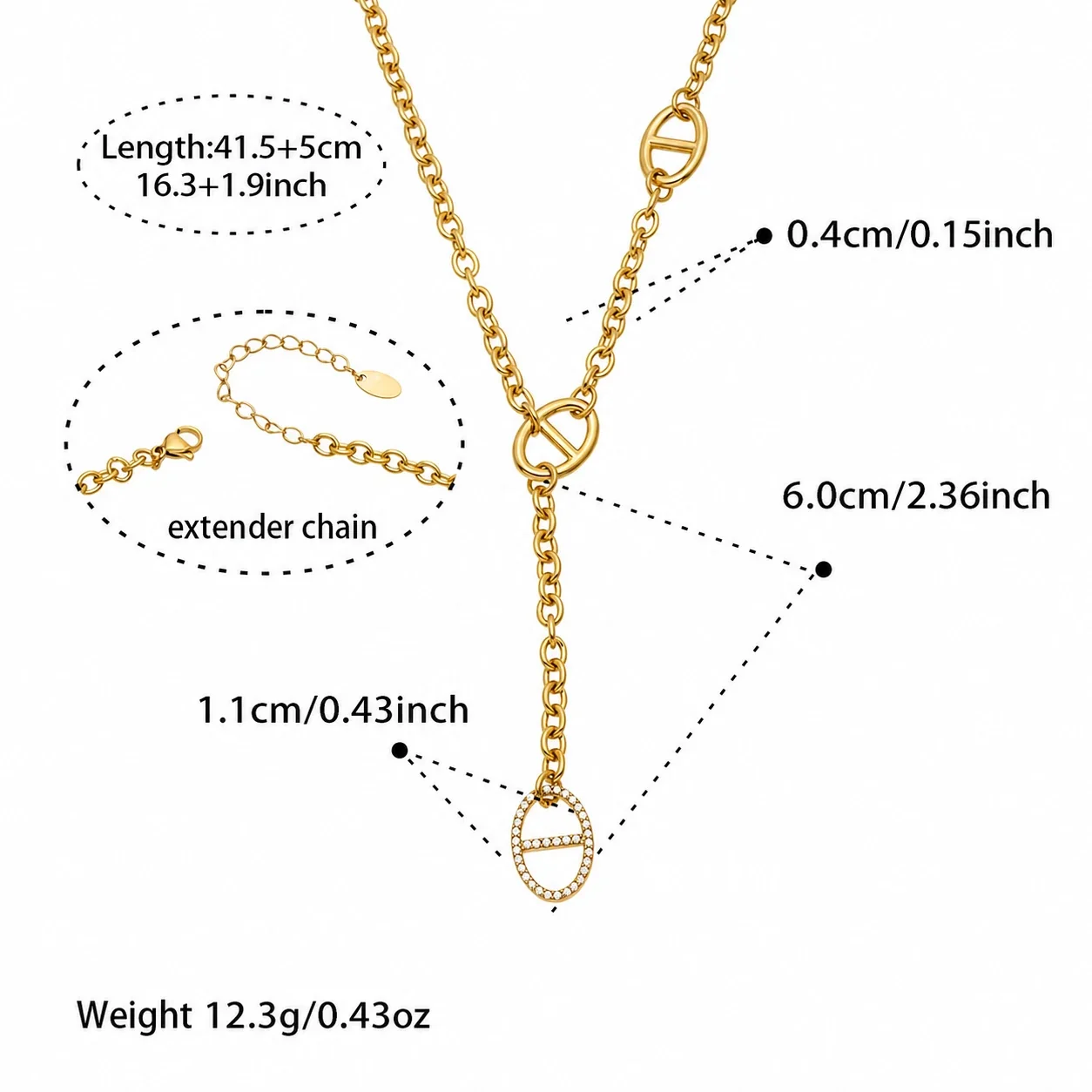 Linked Oval 18K Gold-Plated 316L Crystal Y Necklace - Gold Y 41.5+5 cm