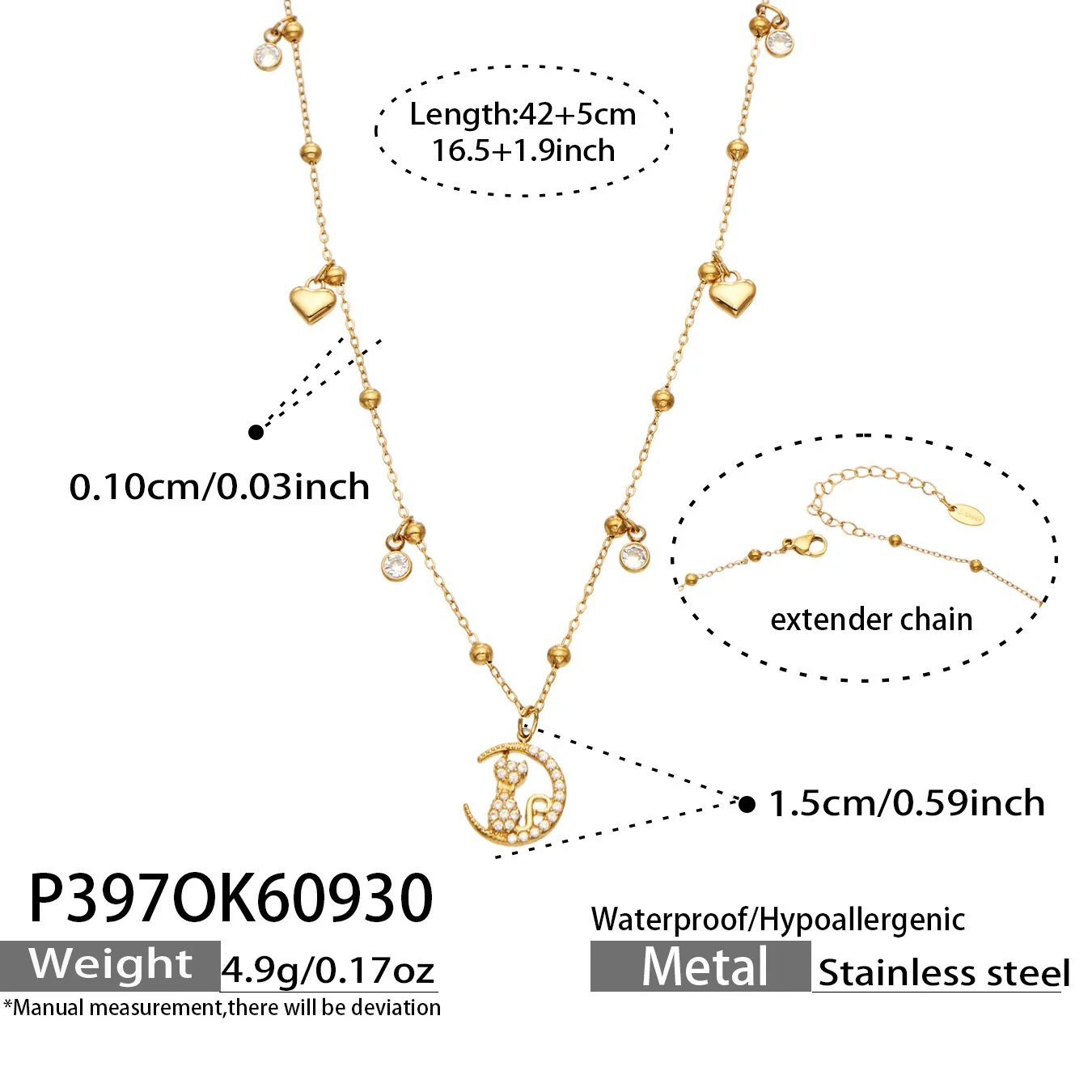Foto del producto: Collar con charms de gato y luna o trébol de cristal PVD dorado
